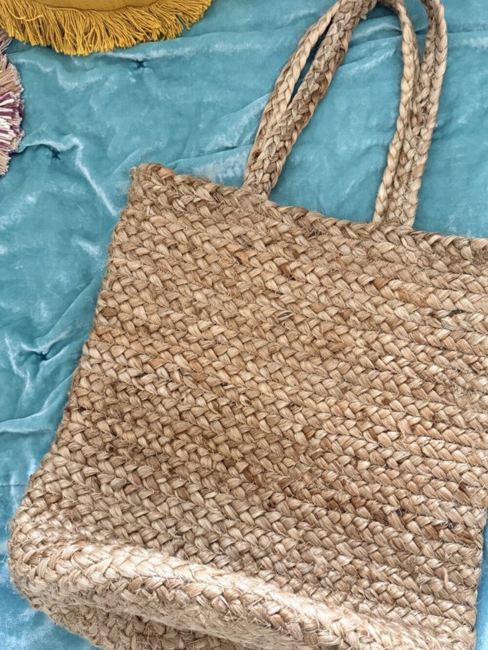 Natural Jute Woven Tote Bag Braided Handles Beach Market Bag